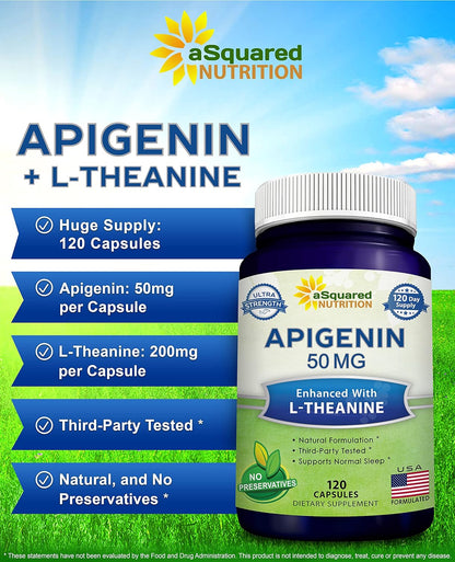 aSquared Nutrition Apigenin 50mg & L-Theanine 200mg - 120 Capsules - Apigenin Supplement Pills for Sleep and Relaxation - Natural Bioflavonoid Extract Found in Chamomile Tea | Apigenin Supplement Pills for Relaxation - Natural Bioflavonoid Extract Powder