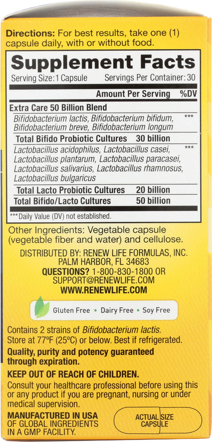 Renew Life Extra Care Digestive Probiotic 50 Billion CFU | 90 Vegetarian Capsules | Supports Digestive, Immune & Respiratory Health | Dairy, Soy and Gluten Free Supplement
