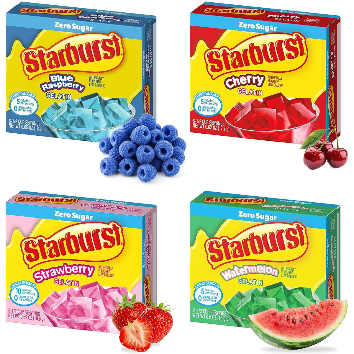 Starburst Sugar Free Gelatin Variety Pack - Pack of 4-4 Flavors - 1 of Each Flavor - Watermelon, Strawberry, Cherry, and Blue Raspberry - Easy to Make for a Variety of Uses