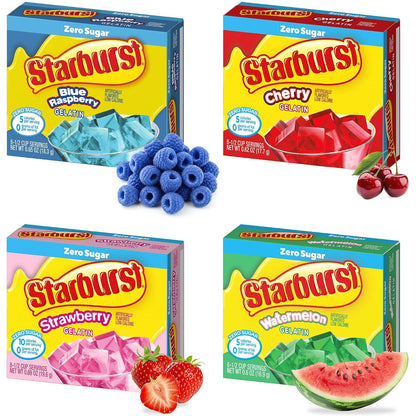 Starburst Sugar Free Gelatin Variety Pack - Pack of 4-4 Flavors - 1 of Each Flavor - Watermelon, Strawberry, Cherry, and Blue Raspberry - Easy to Make for a Variety of Uses