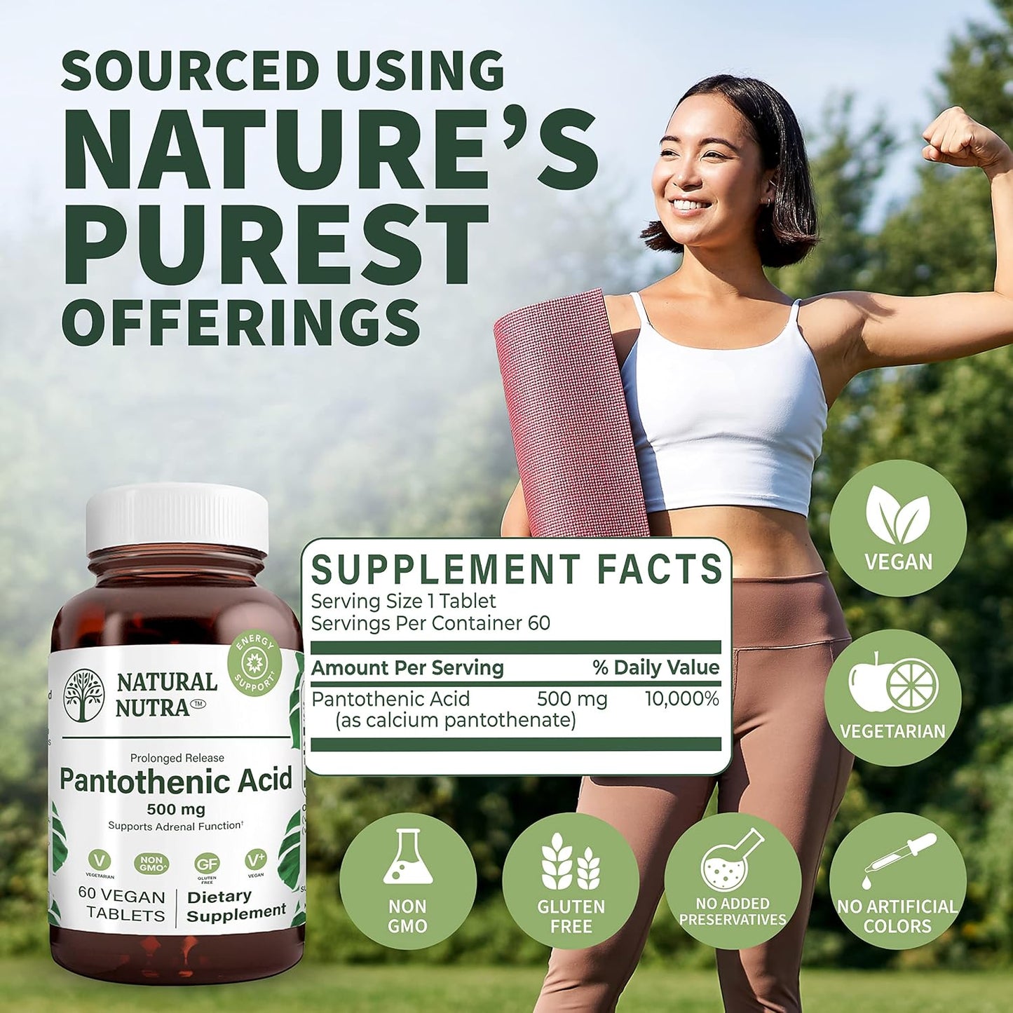 Natural Nutra Time Release Pantothenic Acid 500 mg, Vitamin B5 Supplement Helps Break Down Fat and Carbohydrates, Metabolism and Energy, Improve Muscle Health, Reduce Skin Spots, 60 Vegetarian Tablets