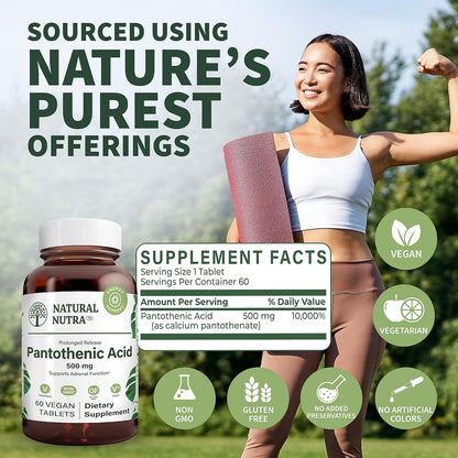 Natural Nutra Time Release Pantothenic Acid 500 mg, Vitamin B5 Supplement Helps Break Down Fat and Carbohydrates, Metabolism and Energy, Improve Muscle Health, Reduce Skin Spots, 60 Vegetarian Tablets