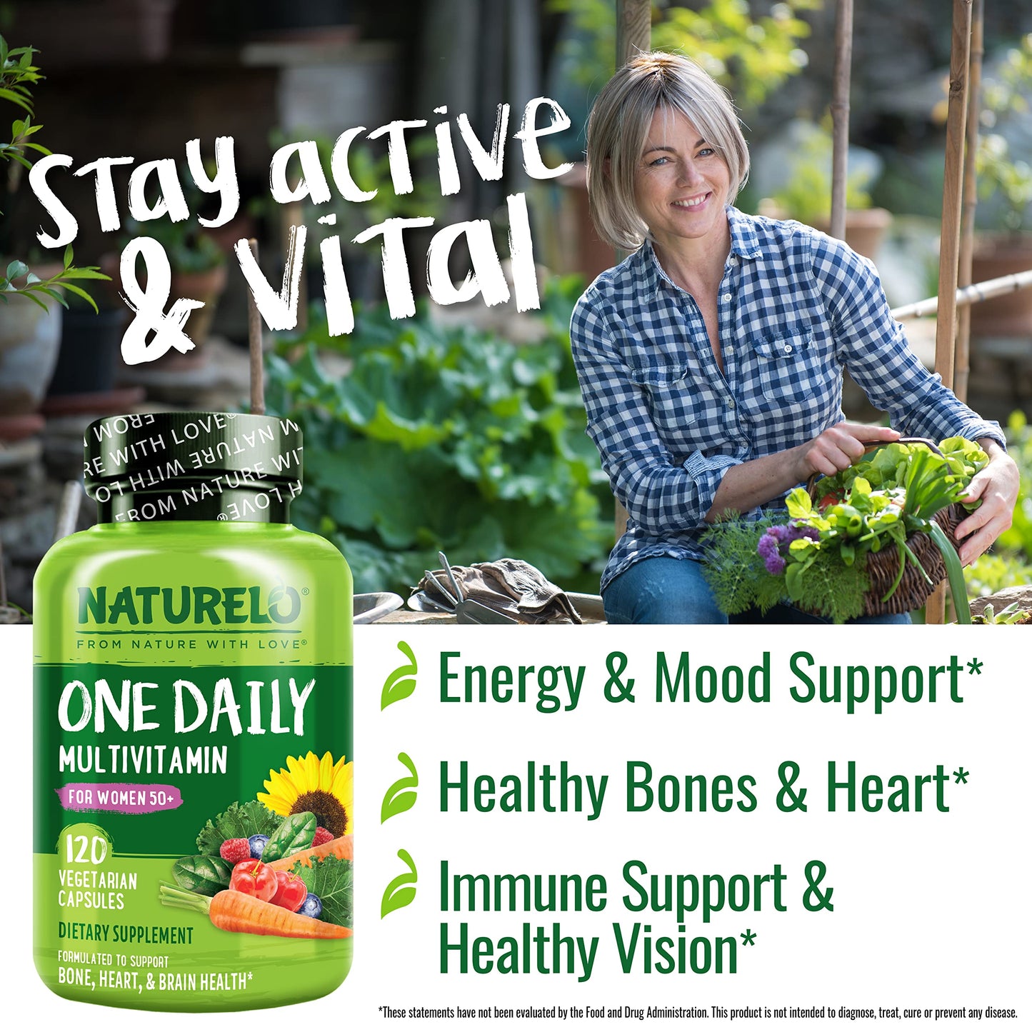 NATURELO One Daily Multivitamin for Women 50+ (Iron Free) - Menopause Support for Women Over 50 - Whole Food Supplement - Non-GMO - No Soy - 60 Capsules - 2 Month Supply