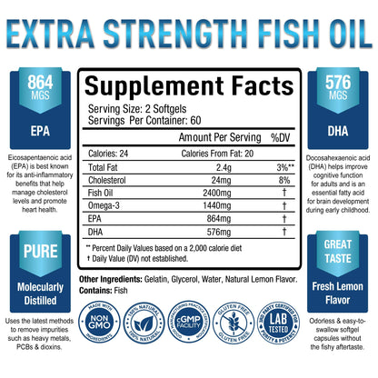 Premium Omega 3 Fish Oil Supplement 2400mg - Burpless Fish Oil Omega3 Softgels