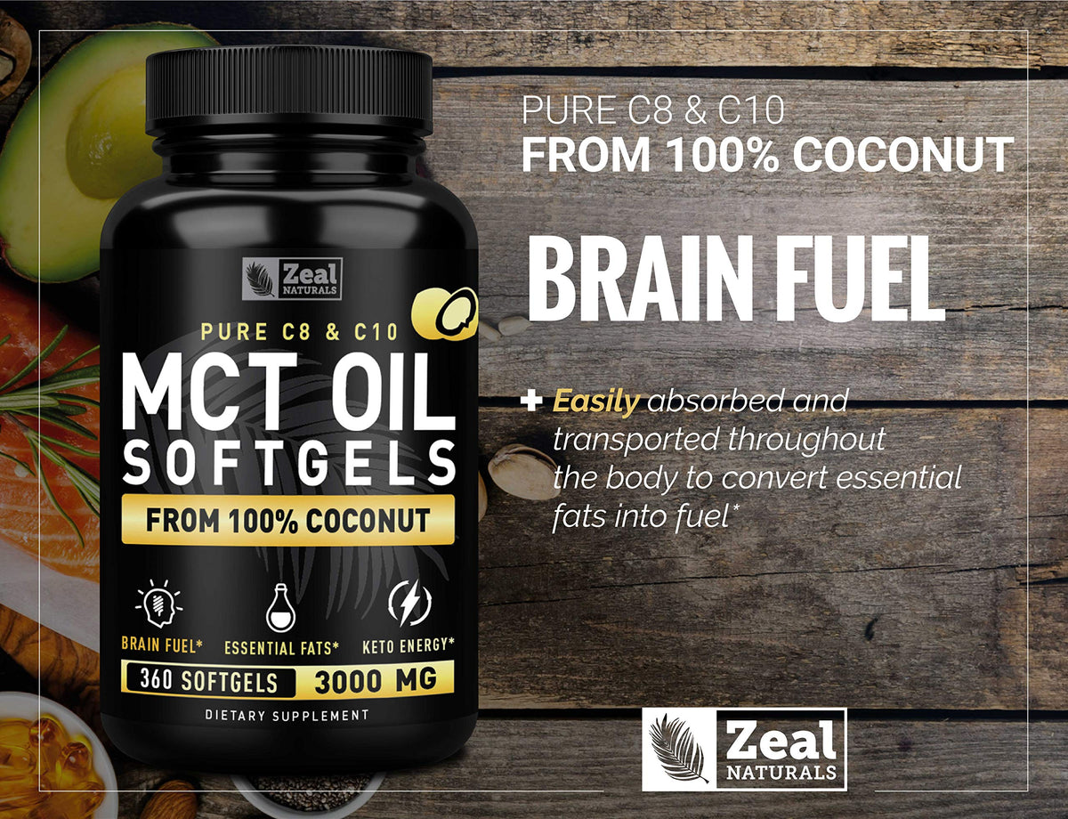 Pure MCT Oil Capsules (360 Softgels | 3000mg) 4 Month Supply Keto Pills w Unrefined Coconut