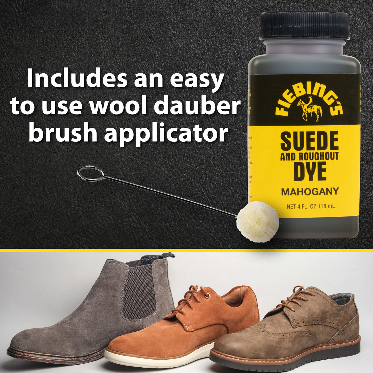 Fiebing's Black Suede Dye (4 oz) - Recolor, Brighten & Restore Suede & Roughout Leather Shoes, Furniture, Purse - Includes Wool Dauber for Easy Application - Flexible When Dry, Won't Crack or Peel