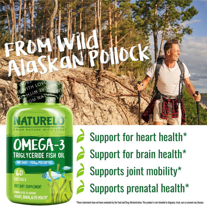 NATURELO Burpless Omega 3 Fish Oil Supplement - 1100mg Triglyceride Omega-3, EPA + DHA, Liquid Fish Oil for Heart, Eye, Brain, Joint Health - 120 Softgels, 4 Months Supply