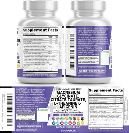 Clean Nutraceuticals Magnesium Glycinate Complex 1000mg with L-Theanine 200mg Apigenin 50mg Citrate Taurate Supplement - 5-HTP GABA Passion Flower Lemon Balm L-Glycine Phosphatidylserine - 60 Count