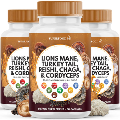 Superfood MD Lions Mane Mushroom Supplement with Turkey Tail Reishi Cordyceps Chaga with Marshmallow Root - 120 Count