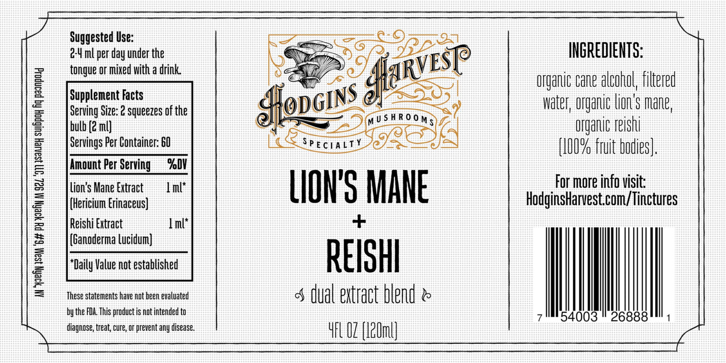 Hodgins Harvest Organic Lion's Mane Fruiting Body Extract Tincture - Mushroom Supplement for Brain Health and Mental Focus - Dual Extract Formula - Extra Concentrated - 4 fl oz Bottle