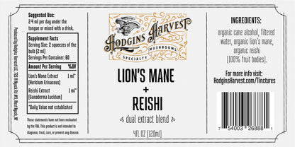 Hodgins Harvest Organic Lion's Mane Fruiting Body Extract Tincture - Mushroom Supplement for Brain Health and Mental Focus - Dual Extract Formula - Extra Concentrated - 4 fl oz Bottle