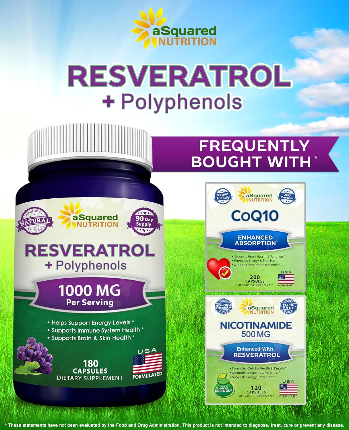 aSquared Nutrition Natural Resveratrol with Red Wine Extract - 180 Capsules - Trans Resveratrol Antioxidant Supplement Pills for Pure Heart Health - Extra Strength Trans-Resveratrol