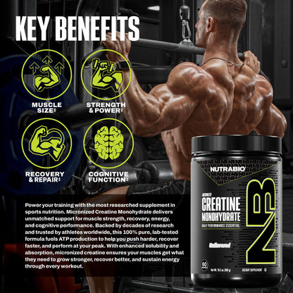 NutraBio Pure Micronized Creatine Monohydrate Powder Supplement, Unflavored, (300 g) - Supports Bulk Muscle Energy, Recovery, and Strength - HPLC Tested Creatine Powder Supplement for Men and Women