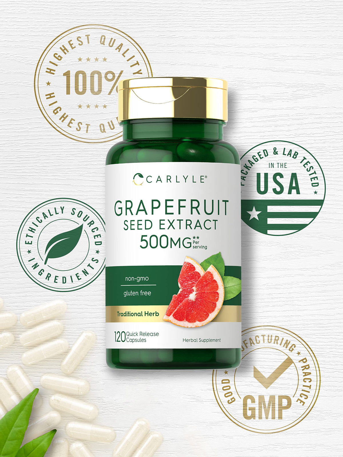Carlyle Grapefruit Seed Extract | 500 mg 120 Capsules | Maximum Strength | Non-GMO