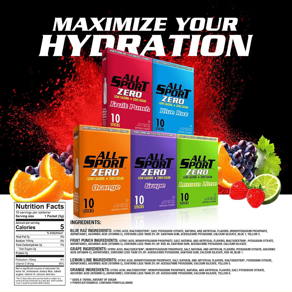 All Sport Zero Variety Powder Sticks, Sugar Free Electrolytes (Pack of 50)