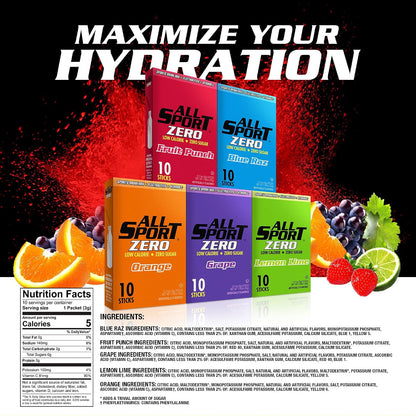 All Sport Zero Variety Powder Sticks, Sugar Free Electrolytes (Pack of 50)