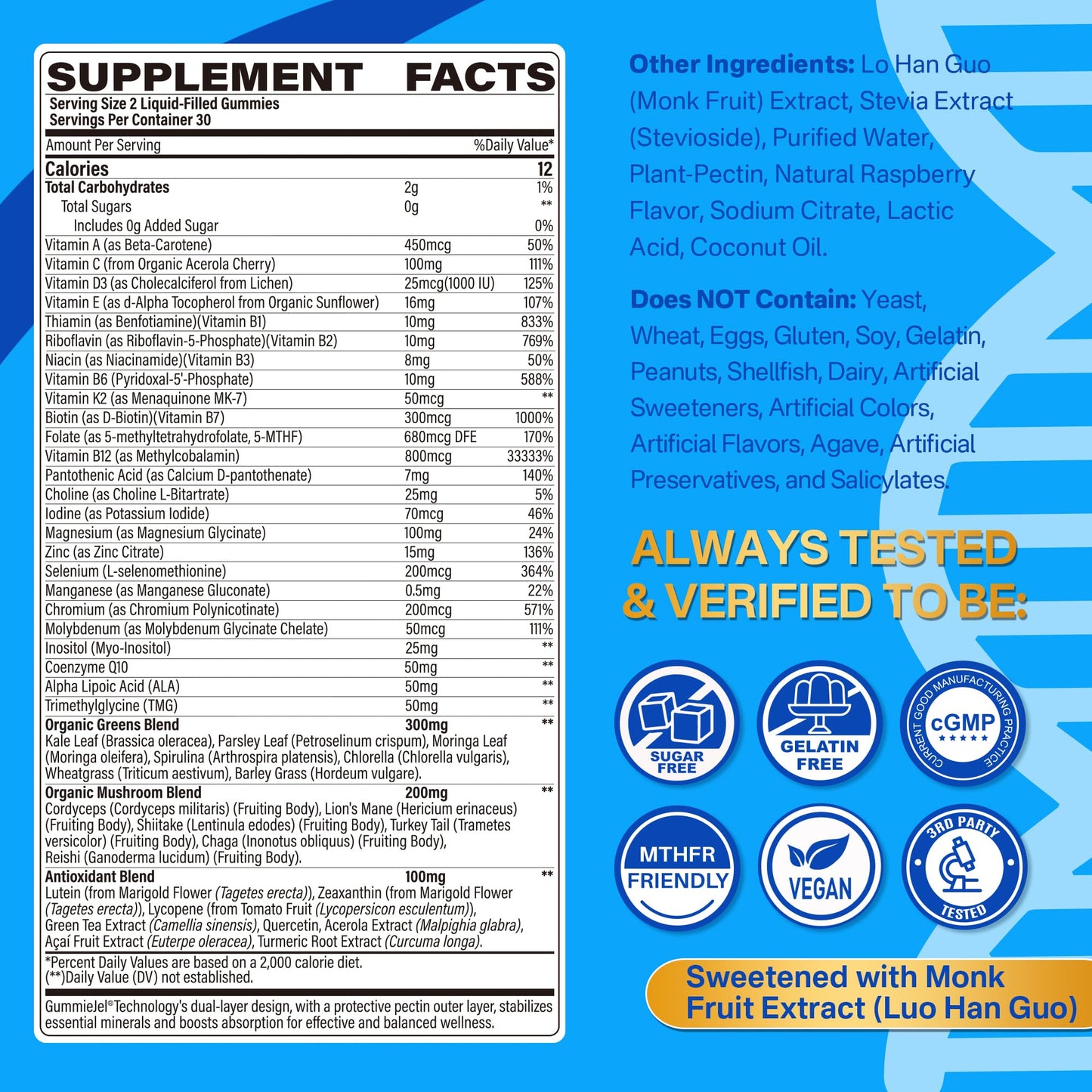 Methylated Multivitamin for Men & Women Gummies + Greens & Mushroom Blend, Methylfolate & B12, TMG, Choline, Daily Vitamin A, C, D3K2, E, B Complex, Coq10, ALA for Overall Wellness, Sugar Free, 60 Cts