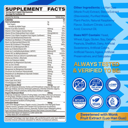 Methylated Multivitamin for Men & Women Gummies + Greens & Mushroom Blend, Methylfolate & B12, TMG, Choline, Daily Vitamin A, C, D3K2, E, B Complex, Coq10, ALA for Overall Wellness, Sugar Free, 60 Cts