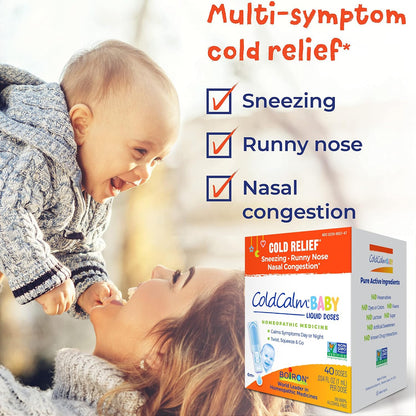 Boiron ColdCalm Baby 40 Count - Single-Use Drops for Relief from Cold Symptoms of Sneezing, Runny Nose, and Nasal Congestion - Sterile, Non-Drowsy Calm (8 Packets with 5 Liquid Doses)