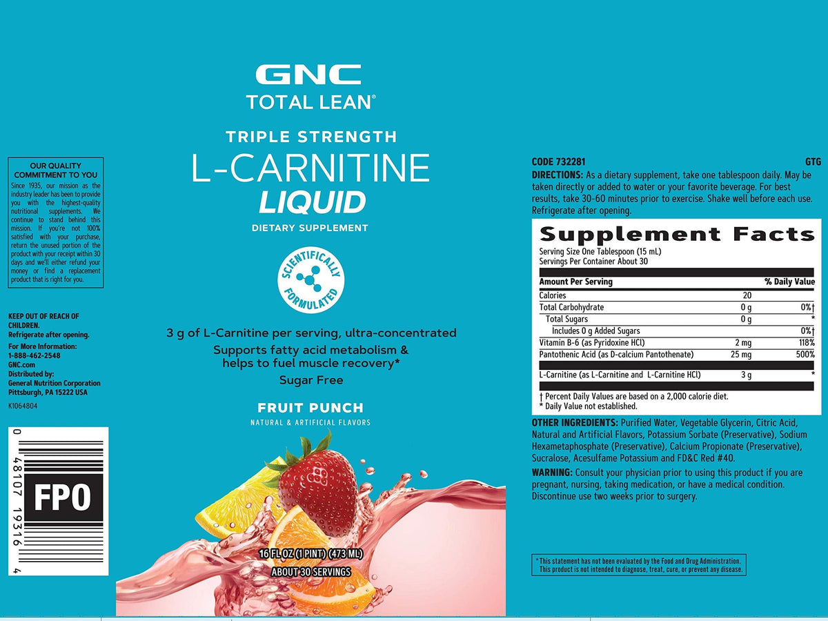 GNC Total Lean Triple Strength L-Carnitine Liquid | Supports Fatty Acid Metabolism