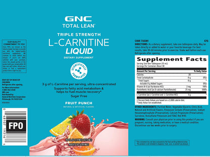 GNC Total Lean Triple Strength L-Carnitine Liquid | Supports Fatty Acid Metabolism