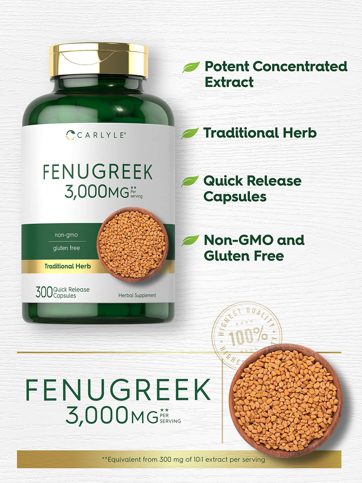 Carlyle Fenugreek Capsules | 300 Count | Non-GMO & Gluten Free Extract | Fenugreek