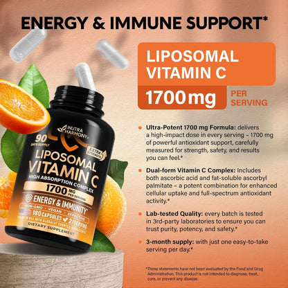 Liposomal Vitamin C 1700 mg - High Absorption Fat Soluble Complex - Antioxidant, Energy Boost & Immune Support - Vitamin C Supplement - NON-GMO, SOY-Free & Gentle on Stomach - 180 Capsules