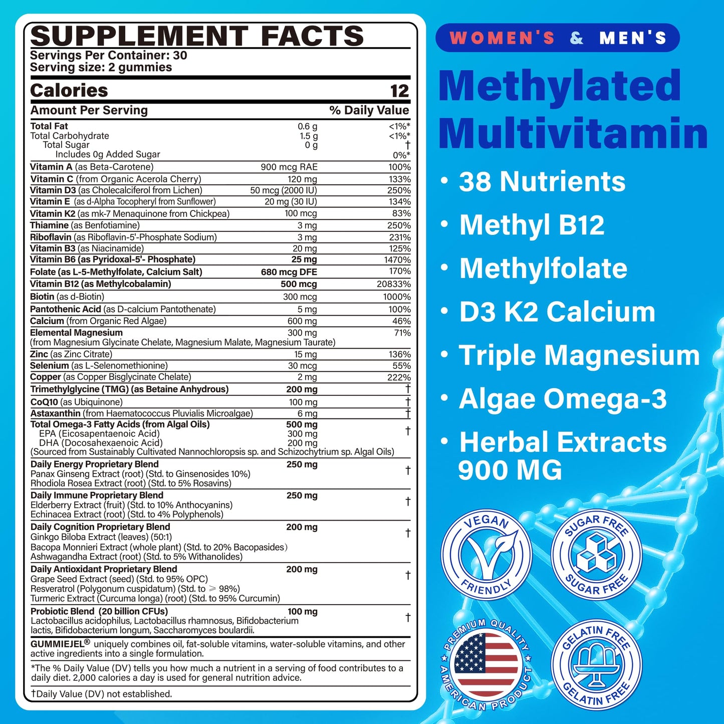 Methylated Multivitamin for Women & Men Gummies w/ Omega-3, Calcium, D3 K2, Methylfolate & B12, TMG, Daily Vitamins, Mag, CoQ10, Probiotic for 18 30 40 50 60 70+, Overall Health - Vegan, Sugar Free