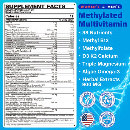 Methylated Multivitamin for Women & Men Gummies w/ Omega-3, Calcium, D3 K2, Methylfolate & B12, TMG, Daily Vitamins, Mag, CoQ10, Probiotic for 18 30 40 50 60 70+, Overall Health - Vegan, Sugar Free