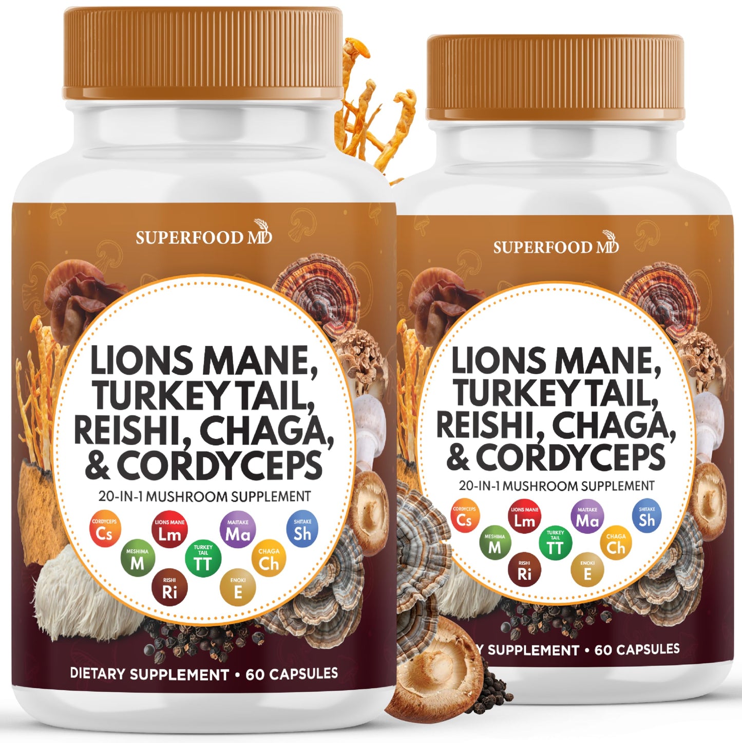 Superfood MD Lions Mane Mushroom Supplement with Turkey Tail Reishi Cordyceps Chaga with Marshmallow Root - 120 Count