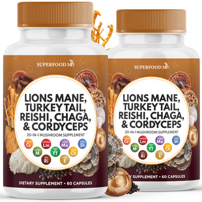 Superfood MD Lions Mane Mushroom Supplement with Turkey Tail Reishi Cordyceps Chaga with Marshmallow Root - 120 Count