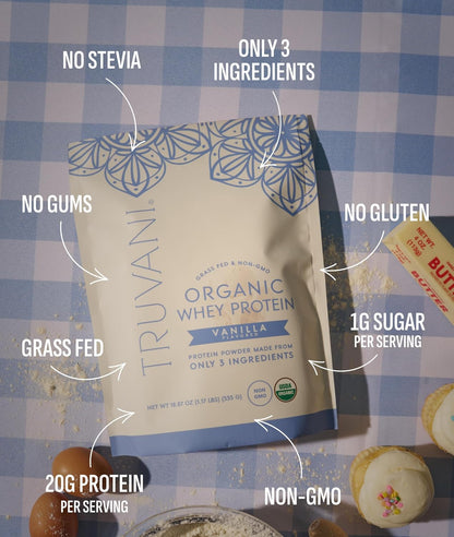 Truvani Organic Whey Protein Powder | Vanilla | 1 Serving | 20g Grass Fed Whey Protein | USDA Organic & Non-GMO | Gluten Free | No Gums, No Soy, No Stevia, No Added Sugars