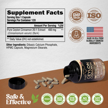 Ceylon Cinnamon Capsules - Extra Strength - Energy Heart & Metabolism Support for Men & Women - Pure Natural Cinnamon 20:1 Extract Supplement - GMO & Gluten Free - Lab Tested - 60 Capsules 2 Month