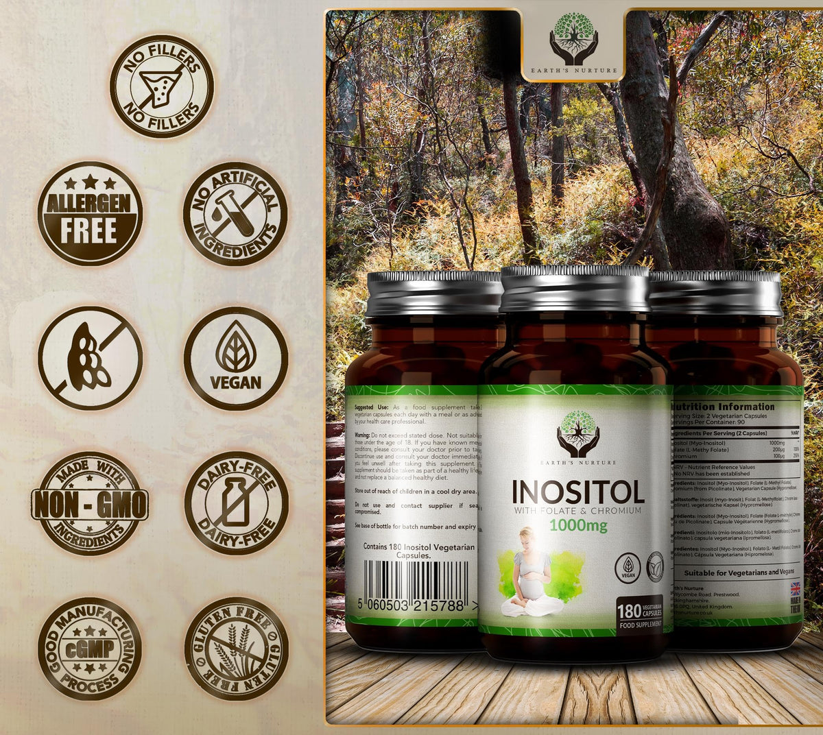 EN Myo-Inositol Chromium & Folate Blend | 1000mg Myo Inositol Per Serving | 180 Vegan