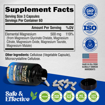 Magnesium Supplement - 5 in 1 Complex | Glycinate | Citrate | Malate | Taurate | Oxide - for Women & Men - Stress, Muscle & Heart Support - Vegan, Natural, Non-GMO - 180 Capsules, 2 Month Supply
