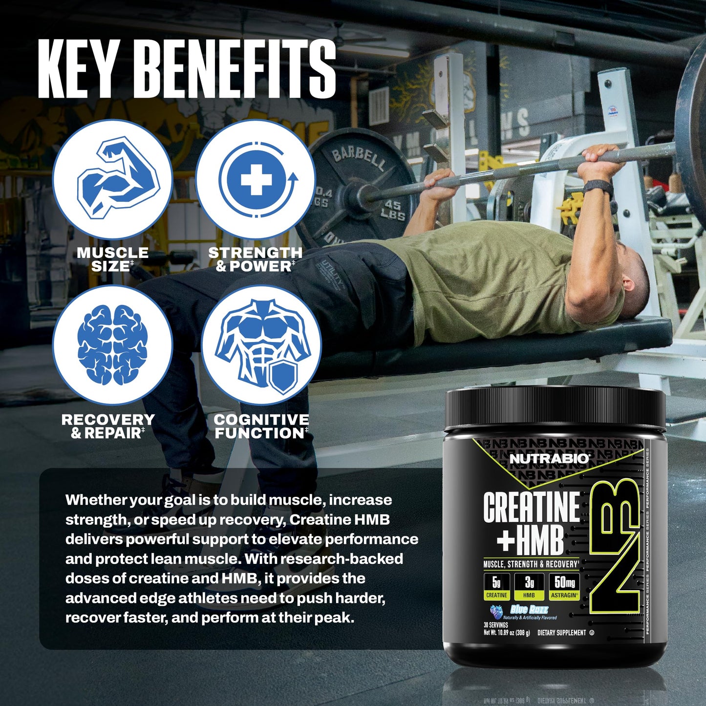 NutraBio Creatine + HMB- Creatine Monohydrate with HMB Powder for Muscle Growth, Increased Strength- 30 Servings (Unflavored)