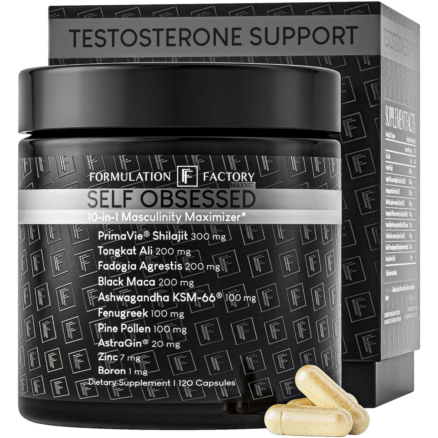 Formulation Factory Self Obsessed 10-in-1 Natural Testosterone Booster for Men, Testosterone Supplement for Men with Shilajit, Tongkat Ali, Fadogia Agrestis, 120 Capsules, 2 Month Supply