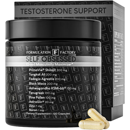 Formulation Factory Self Obsessed 10-in-1 Natural Testosterone Booster for Men, Testosterone Supplement for Men with Shilajit, Tongkat Ali, Fadogia Agrestis, 120 Capsules, 2 Month Supply