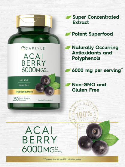 Carlyle Acai Berry Capsules 6000mg | 250 Count | Non-GMO & Gluten Free Acai Berry