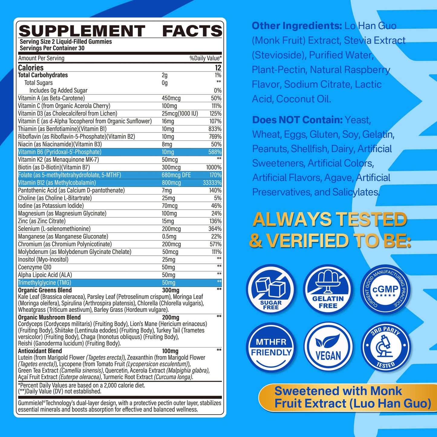 Methylated Multivitamin for Men & Women Gummies + Greens & Mushroom Blend, Methylfolate & B12, TMG, Choline, Daily Vitamin A, C, D3K2, E, B Complex, Coq10, ALA for Overall Wellness, Sugar Free, 60 Cts