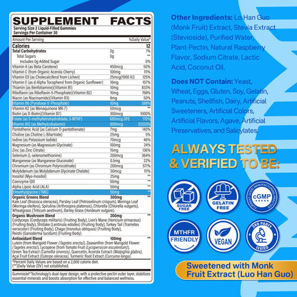 Methylated Multivitamin for Men & Women Gummies + Greens & Mushroom Blend, Methylfolate & B12, TMG, Choline, Daily Vitamin A, C, D3K2, E, B Complex, Coq10, ALA for Overall Wellness, Sugar Free, 60 Cts