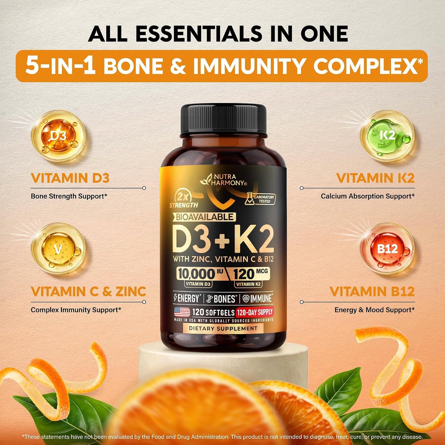 Vitamin D3 K2 - Vitamin D3 10000 iu & K2 120 mcg - Immune & Mood Support, for Bone & Teeth Health - with Zinc, Vitamin C & B12 - Highly Bioavailable - For Men & Women - 120 Softgels, 120 days supply
