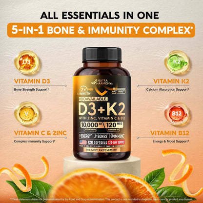 Vitamin D3 K2 - Vitamin D3 10000 iu & K2 120 mcg - Immune & Mood Support, for Bone & Teeth Health - with Zinc, Vitamin C & B12 - Highly Bioavailable - For Men & Women - 120 Softgels, 120 days supply