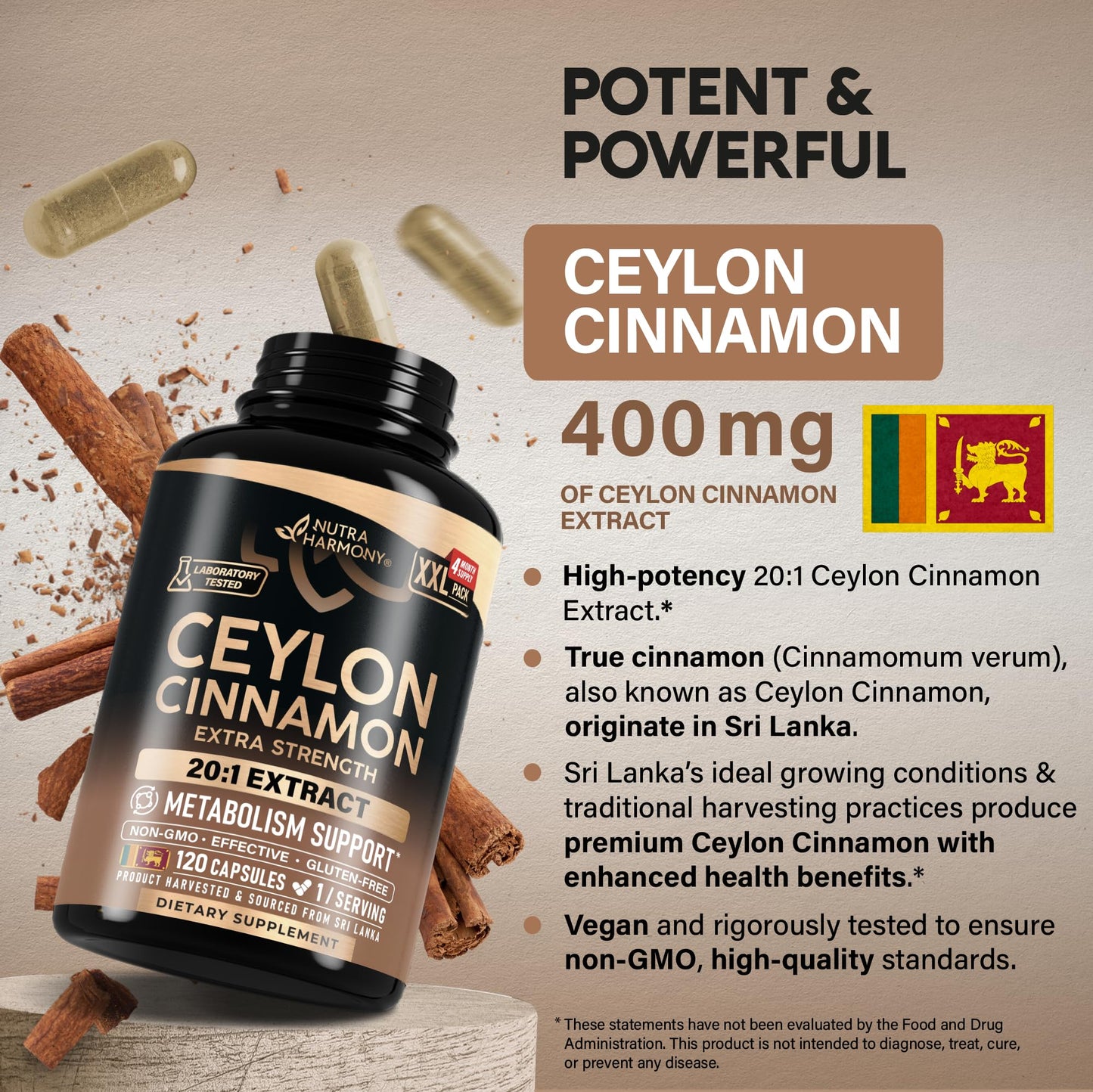 Ceylon Cinnamon Capsules - Extra Strength - Energy Heart & Metabolism Support for Men & Women - Pure Natural Cinnamon 20:1 Extract Supplement - GMO & Gluten Free - Lab Tested - 60 Capsules 2 Month