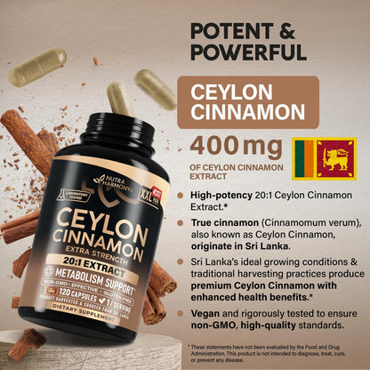Ceylon Cinnamon Capsules - Extra Strength - Energy Heart & Metabolism Support for Men & Women - Pure Natural Cinnamon 20:1 Extract Supplement - GMO & Gluten Free - Lab Tested - 60 Capsules 2 Month