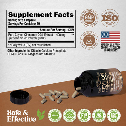 Ceylon Cinnamon Capsules - Extra Strength - Energy Heart & Metabolism Support for Men & Women - Pure Natural Cinnamon 20:1 Extract Supplement - GMO & Gluten Free - Lab Tested - 60 Capsules 2 Month
