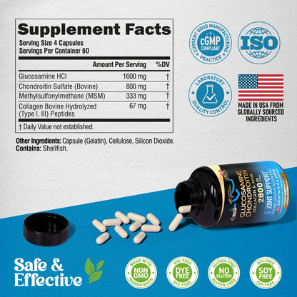 Glucosamine Chondroitin MSM Collagen | HSA | FSA Approved Product Items | Joint & Cartilage Support Supplement 2800 mg | Flexibility Nutritional Vitamins | Lab Tested | For Men & Women | 120 Capsules