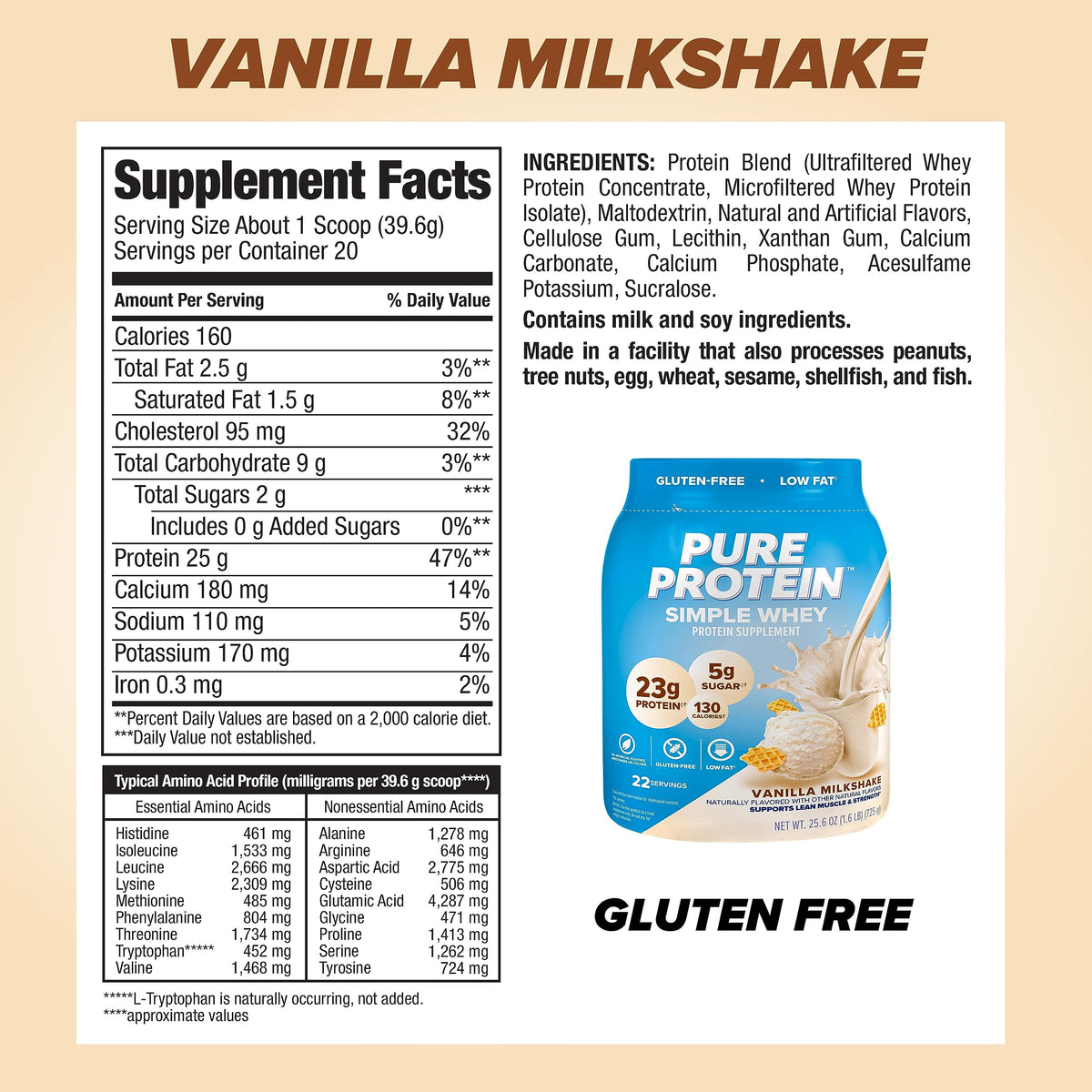 Pure Protein Simple Whey Powder - High Protein, Low Sugar, Gluten-Free, French Vanilla