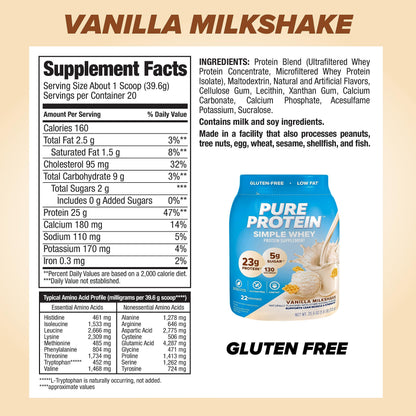 Pure Protein Simple Whey Powder - High Protein, Low Sugar, Gluten-Free, French Vanilla