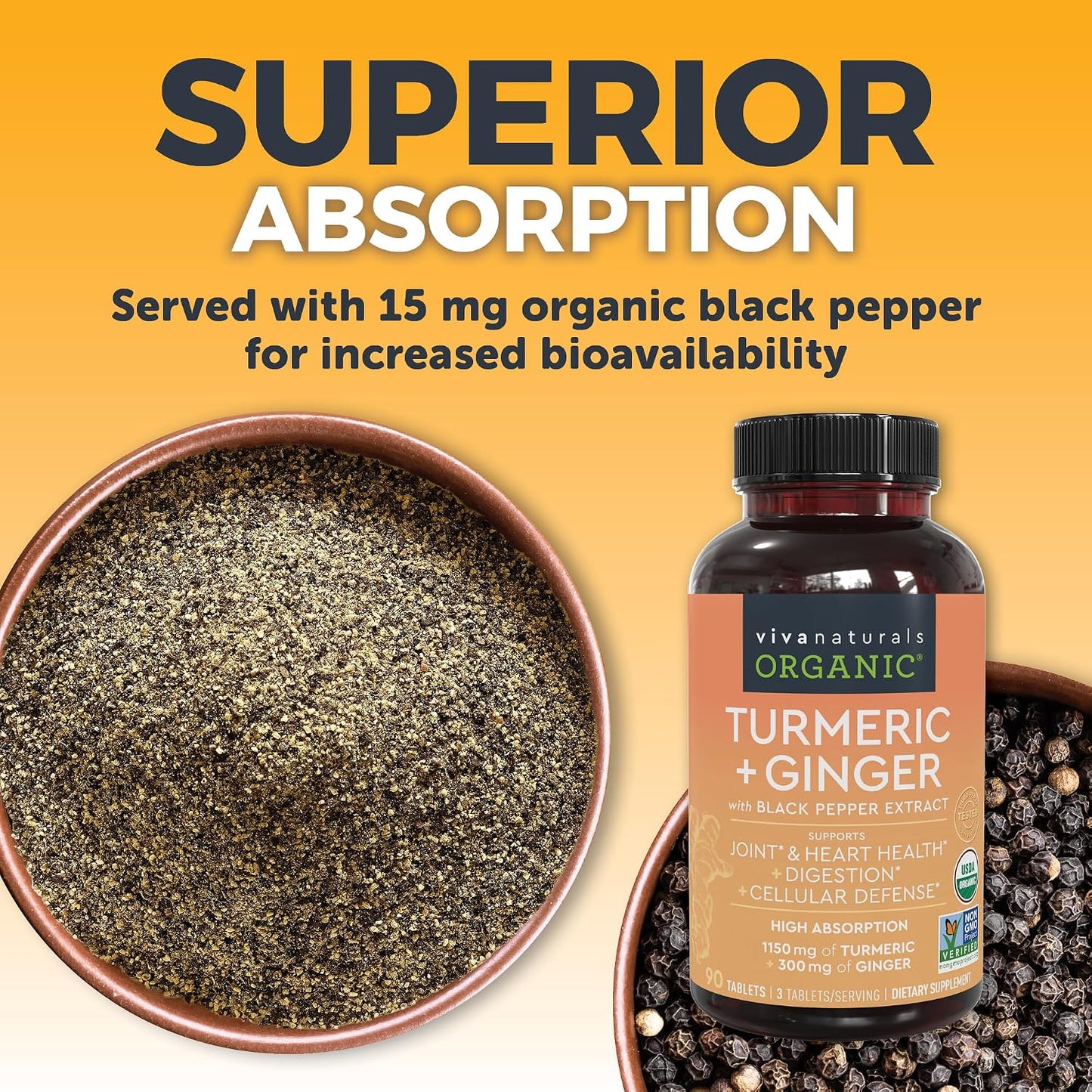 Viva Naturals Turmeric and Ginger Supplement with Black Pepper for Better Absorption - Organic Turmeric Curcumin to Support Joint, Heart and Digestive Health, Non-GMO - 120 Tablets